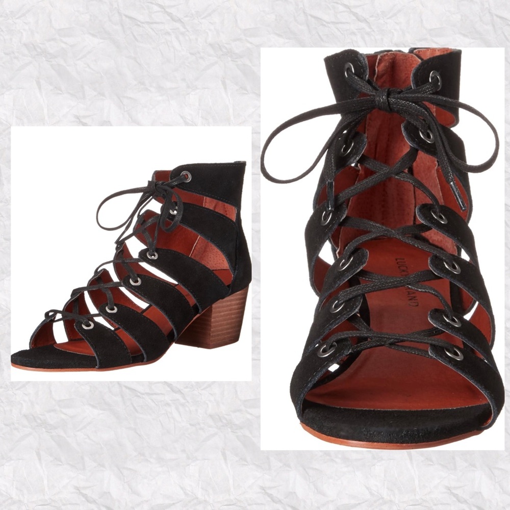 Lucky Brand Genevie Leather Lace Up Open Toe Block Heel Sandals‎